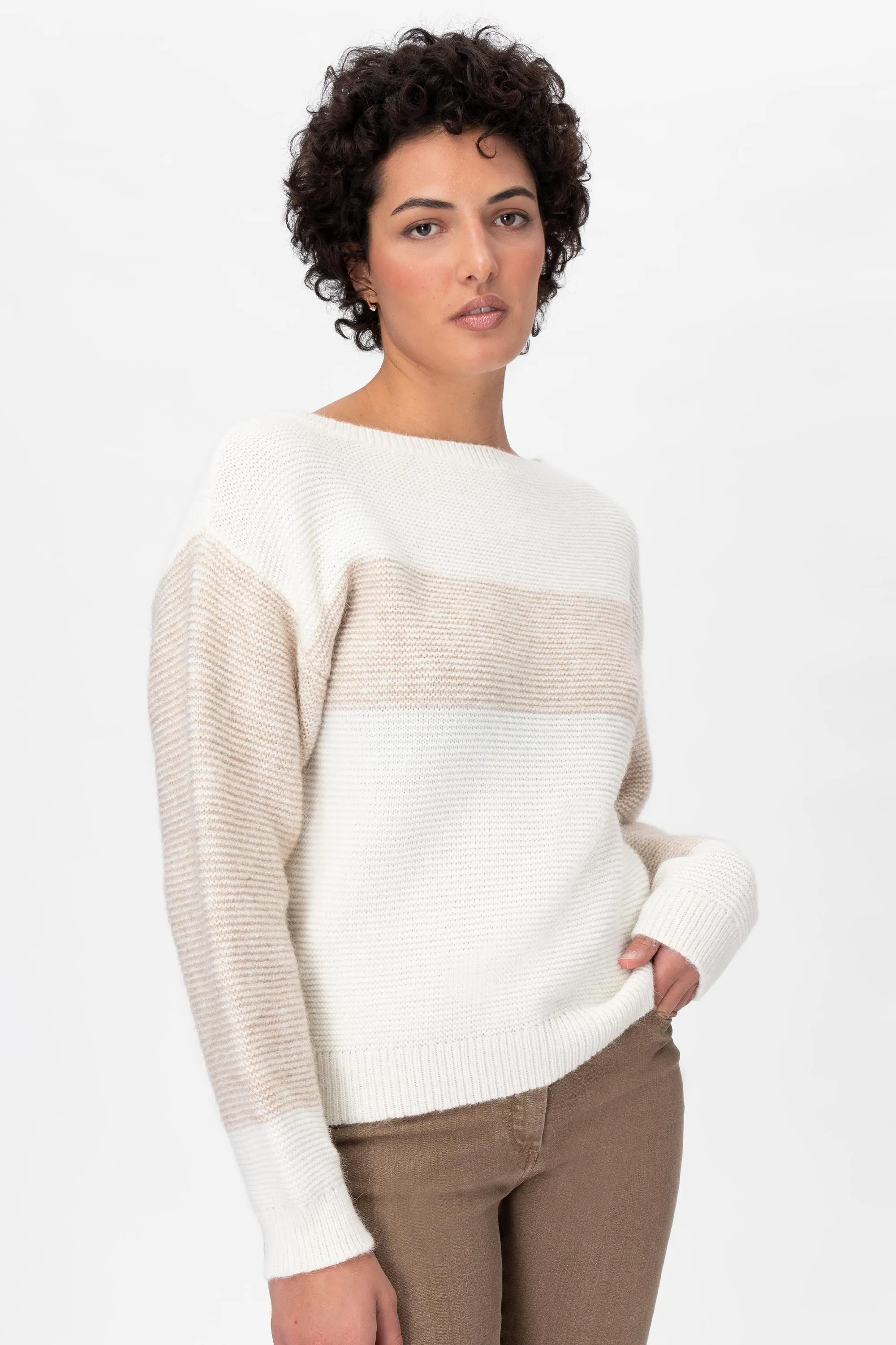 Olive Maglia bicolore girocollo in Lana e Alpaca Bianco