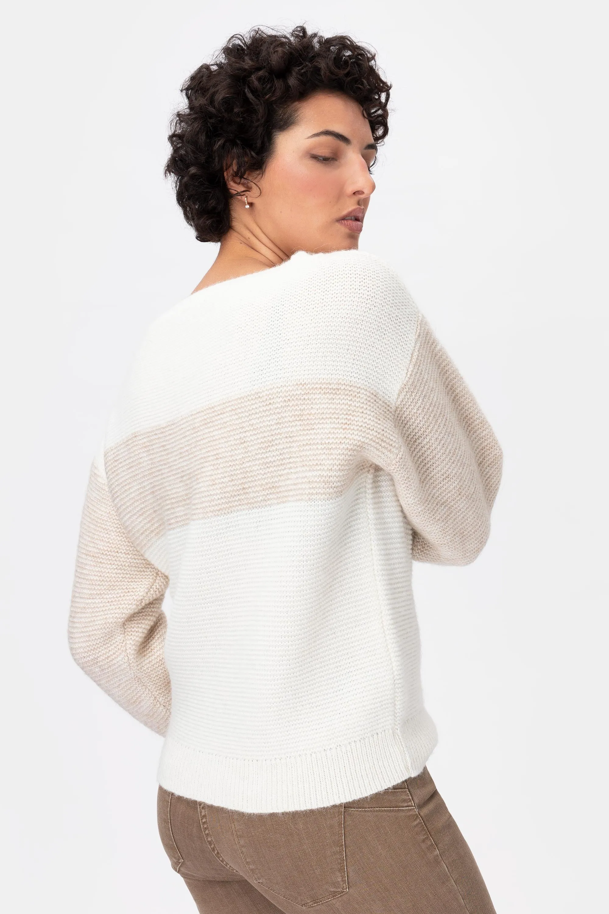 Olive Maglia bicolore girocollo in Lana e Alpaca Bianco