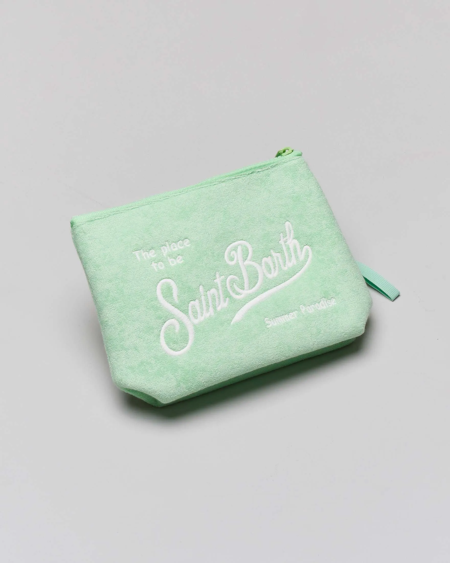 Pochette Aline verde acqua in spugna con scritta logo bianca ricamata e laccetto