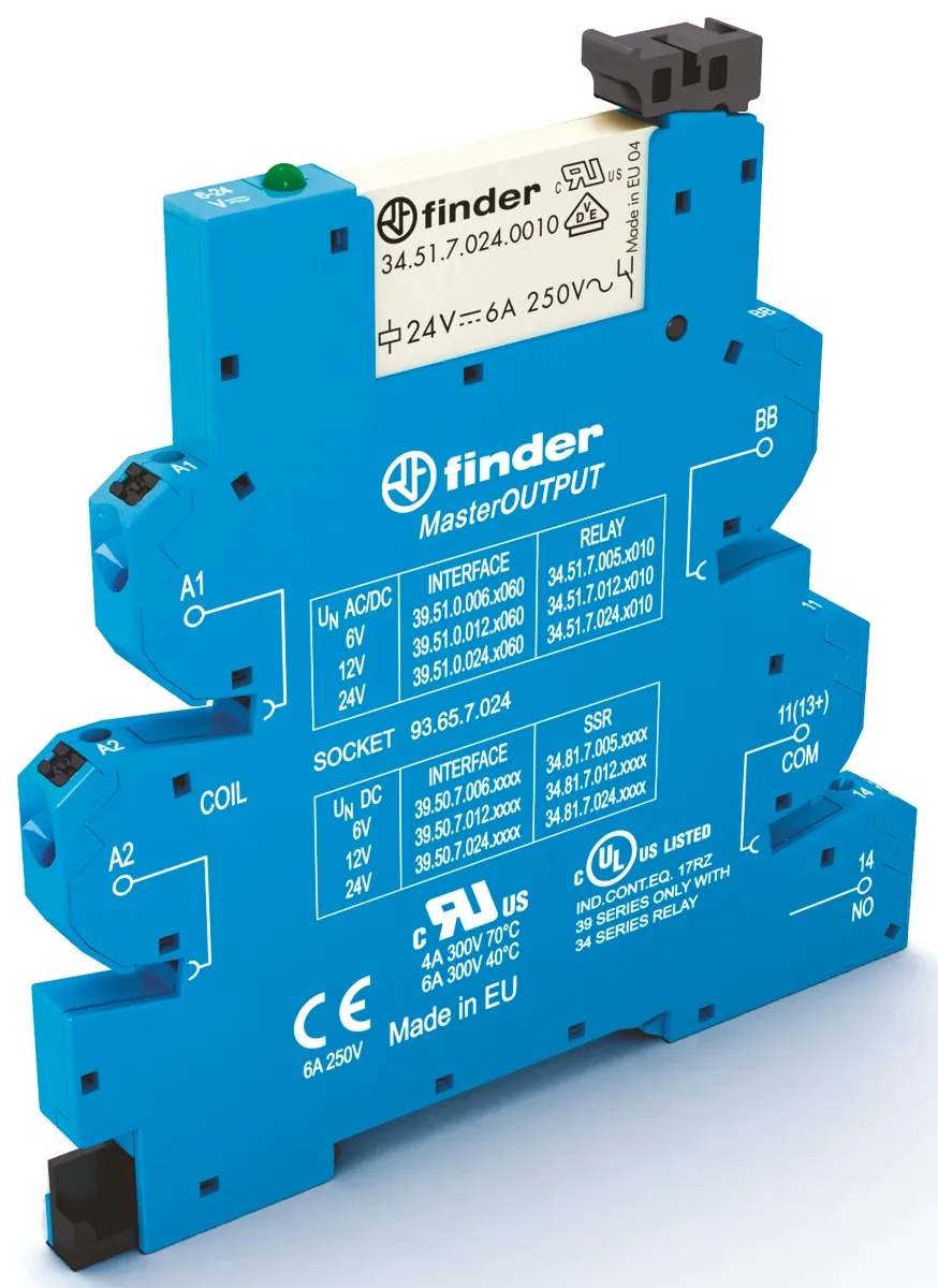 Relè d'interfaccia Finder serie 39 Series, bobina 230V ca, Guida DIN, contatti SPST