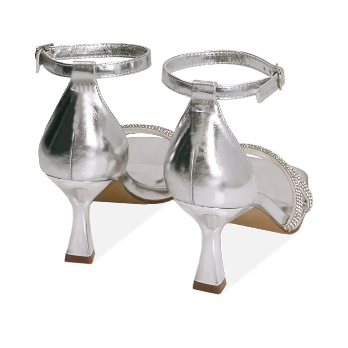 Sandali argento in laminato con pietre, tacco 7,5 cm