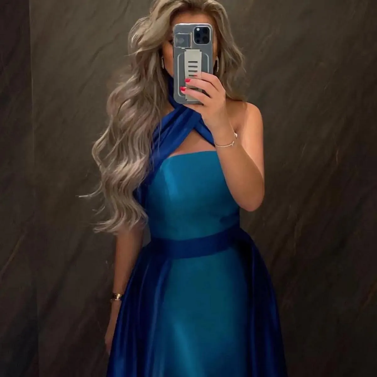 Sharon Said Abito da sera arabo royal blu turchese a contrasto con gonna oversize con scollo all'americana e gonna da donna