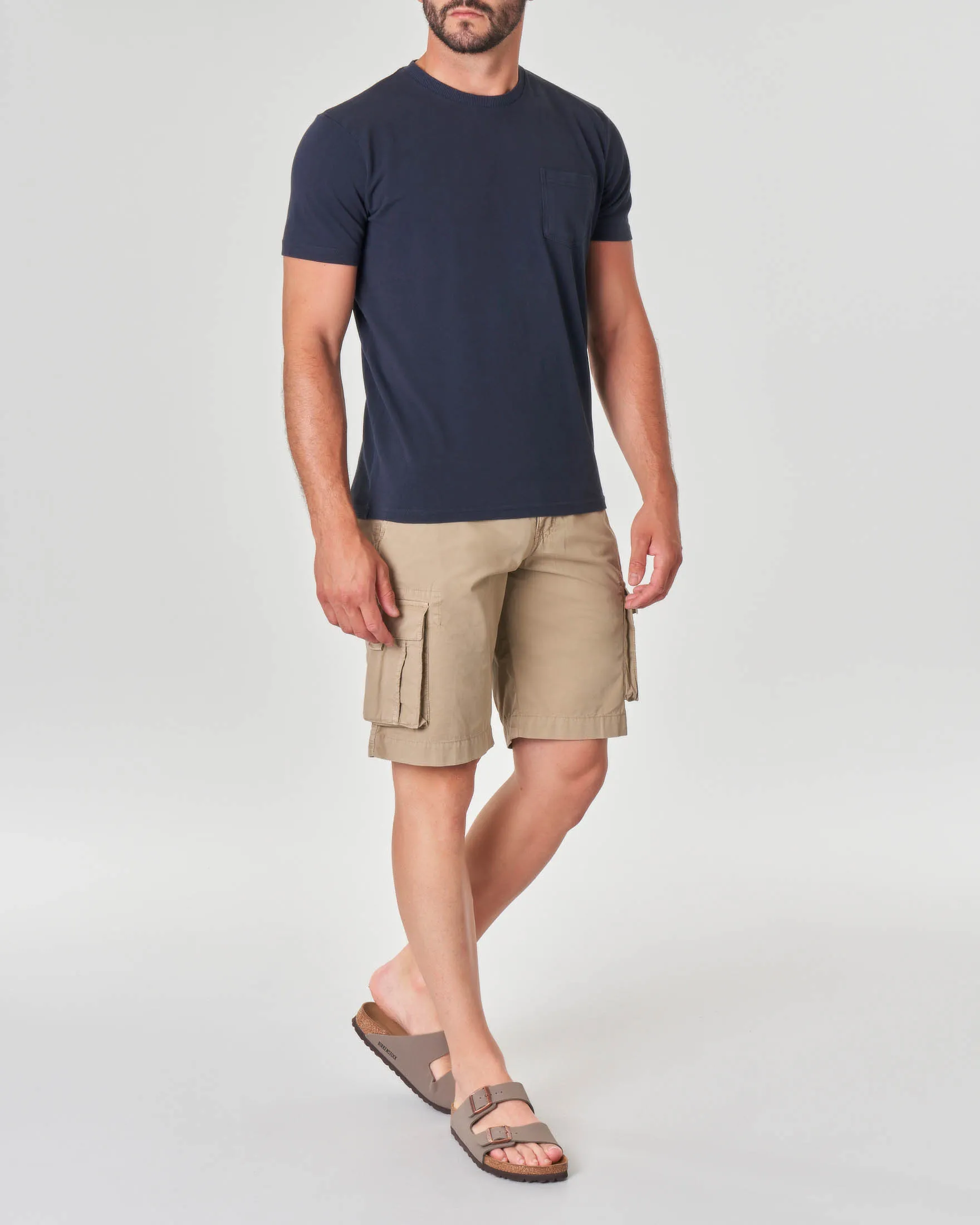 T-shirt blu mezza manica in piquè di cotone con taschino applicato sul petto