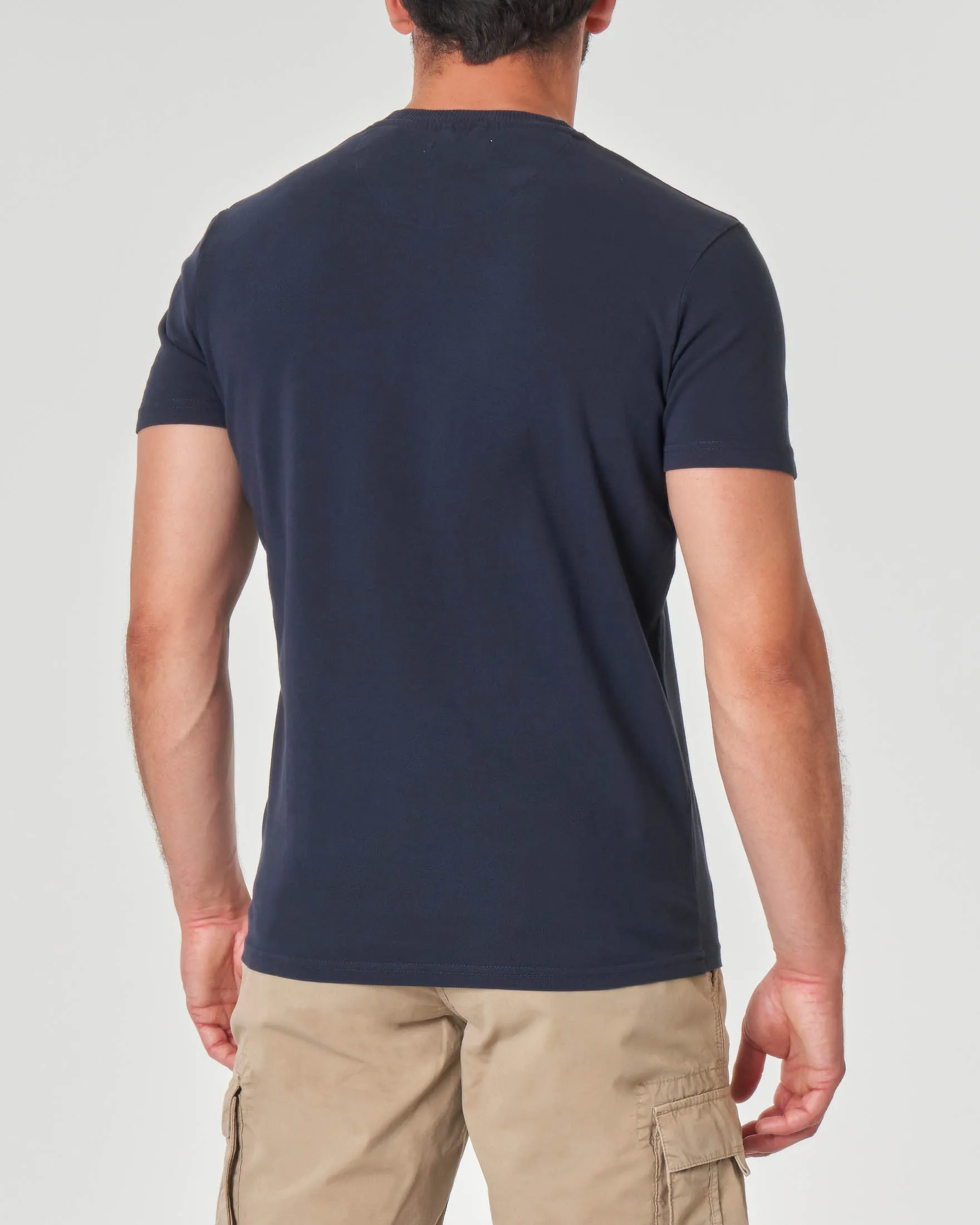 T-shirt blu mezza manica in piquè di cotone con taschino applicato sul petto