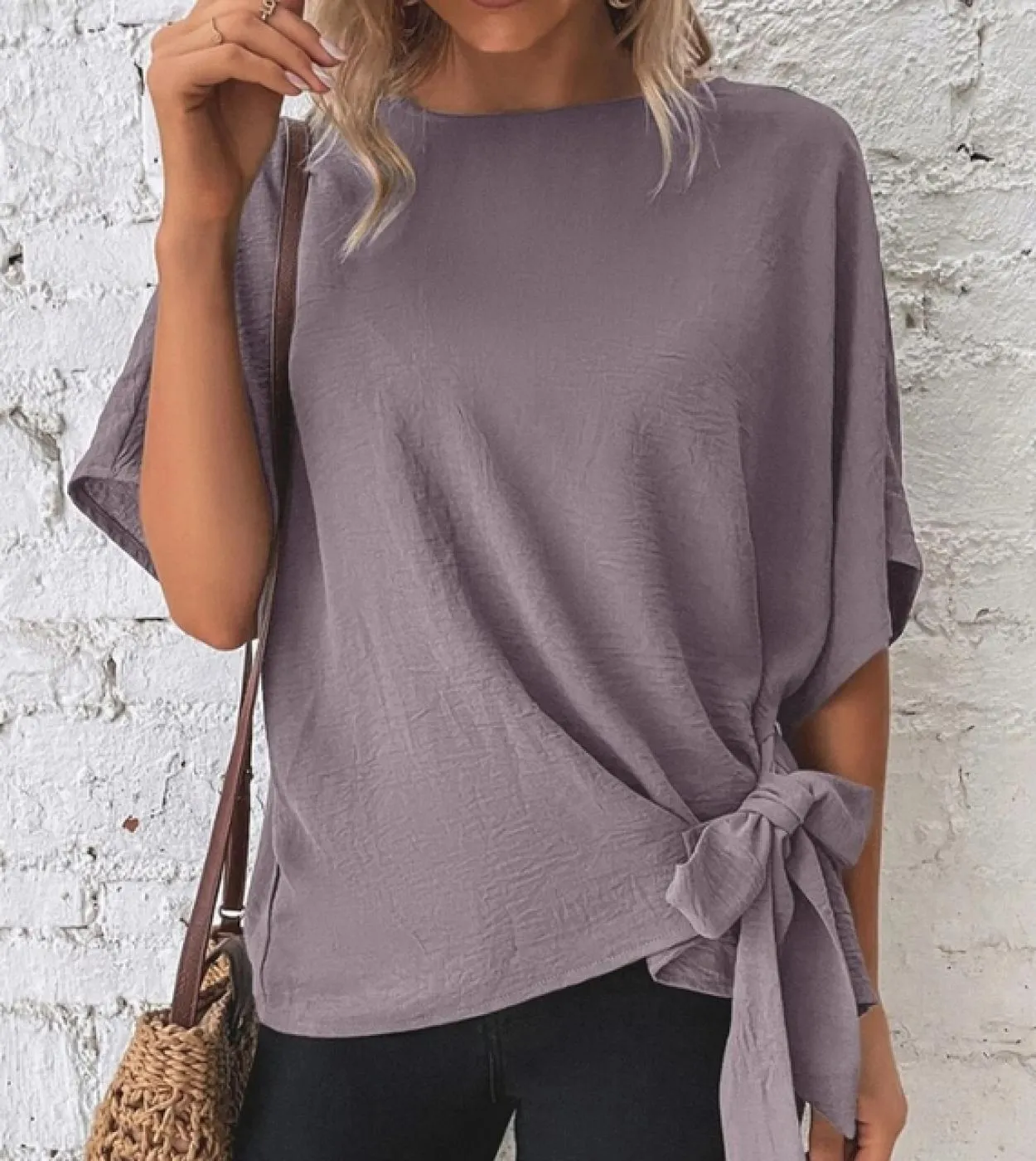 T-shirt estive alla moda con papillon da donna casual a mezza manica a pipistrello solido top da donna magliette allentate magli