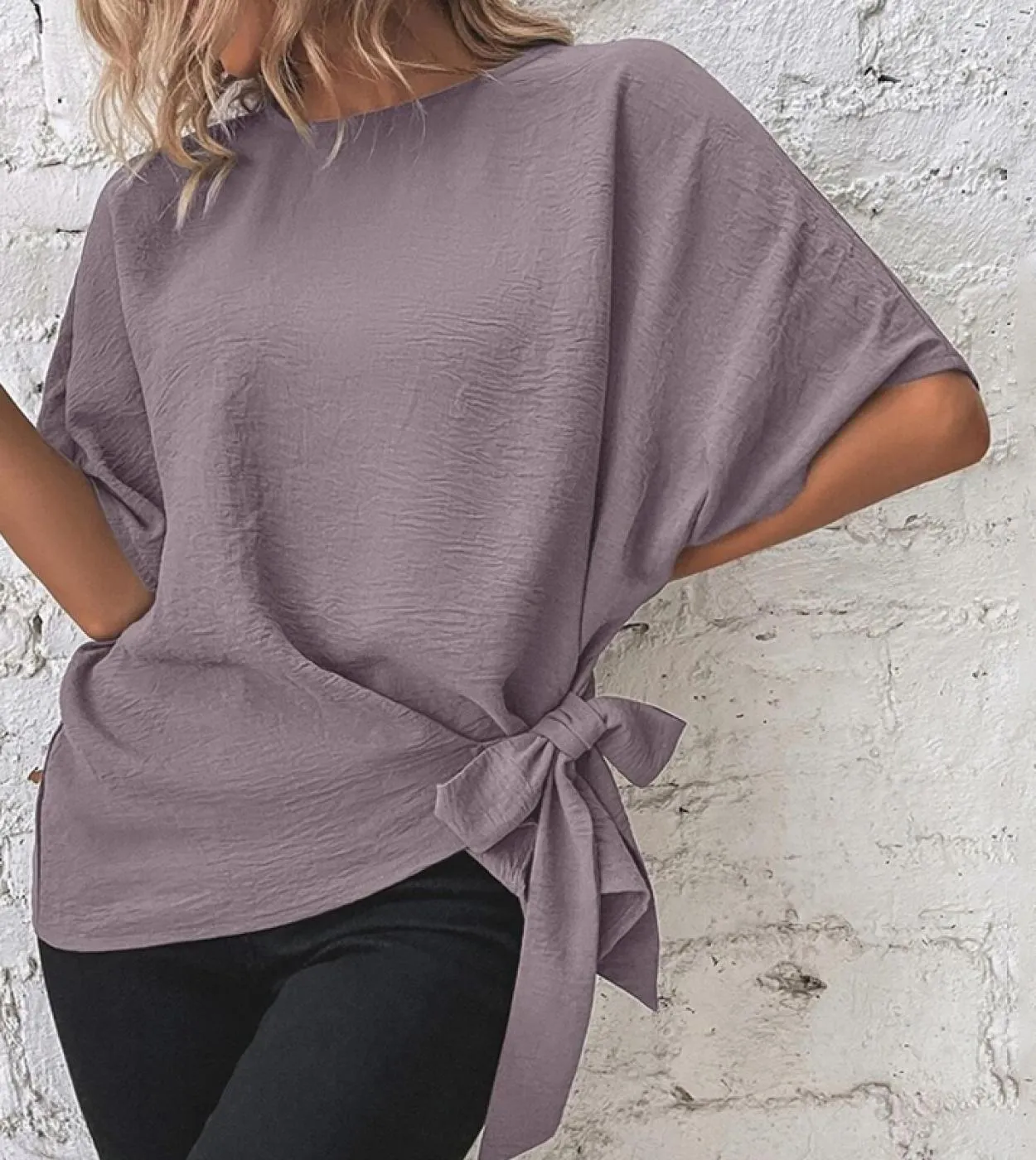T-shirt estive alla moda con papillon da donna casual a mezza manica a pipistrello solido top da donna magliette allentate magli