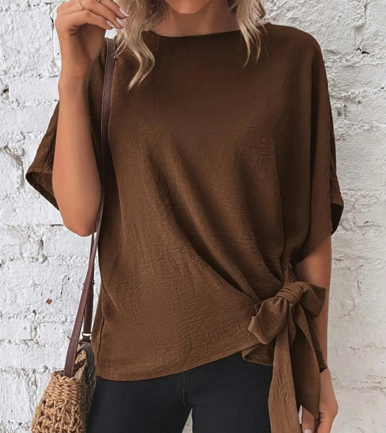 T-shirt estive alla moda con papillon da donna casual a mezza manica a pipistrello solido top da donna magliette allentate magli