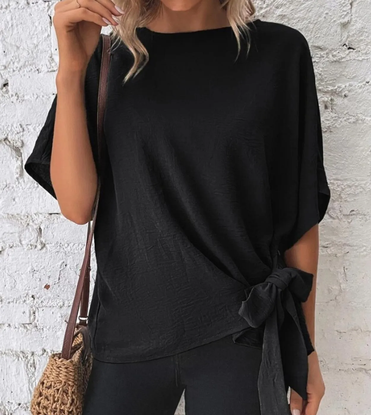 T-shirt estive alla moda con papillon da donna casual a mezza manica a pipistrello solido top da donna magliette allentate magli