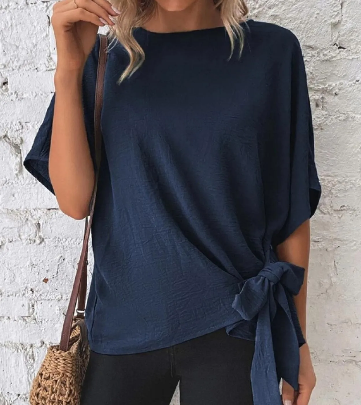 T-shirt estive alla moda con papillon da donna casual a mezza manica a pipistrello solido top da donna magliette allentate magli