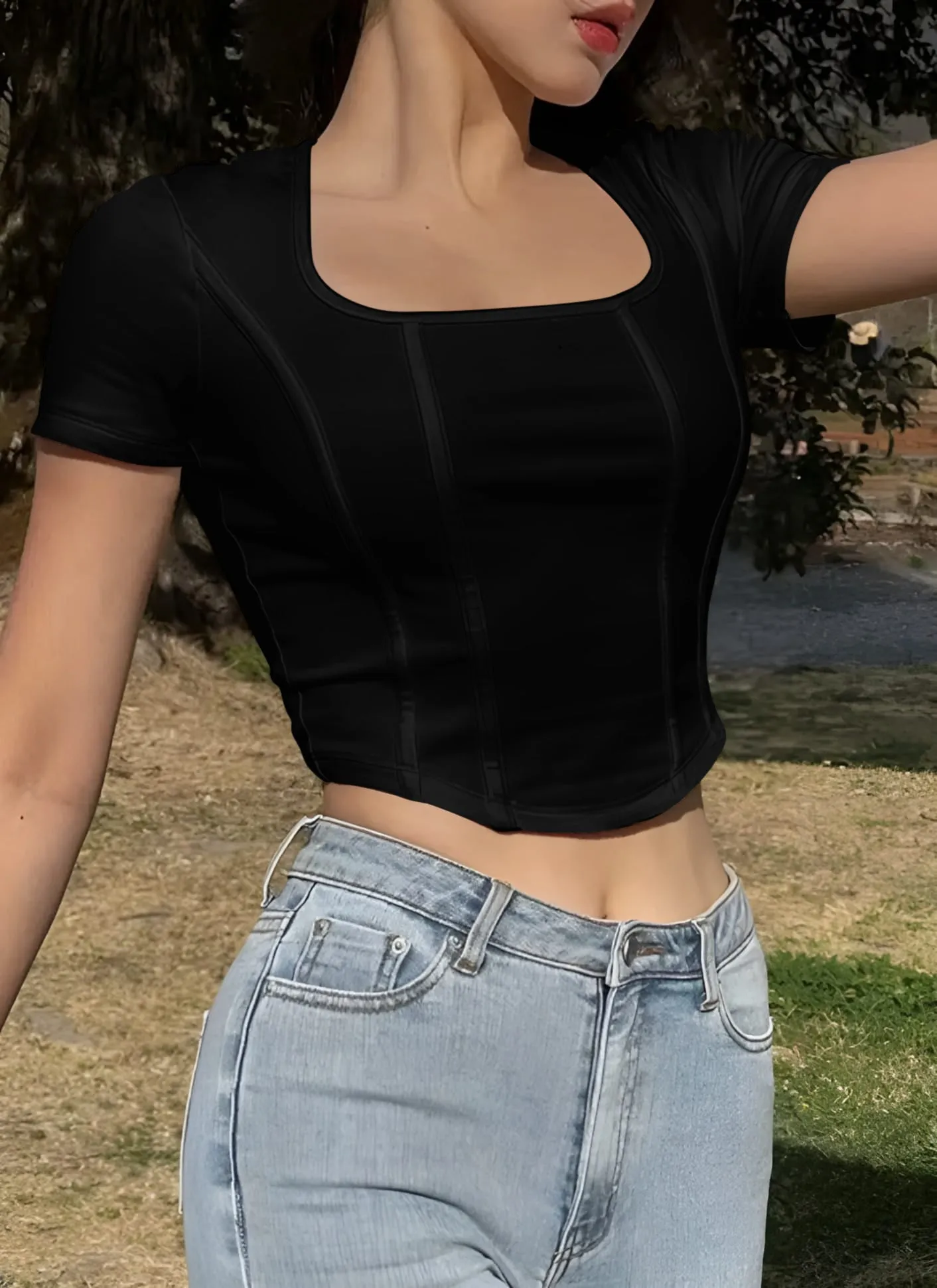 Top Donna Cropped Scollo Quadrato Mezza Manica Monocolore Casual Aderente