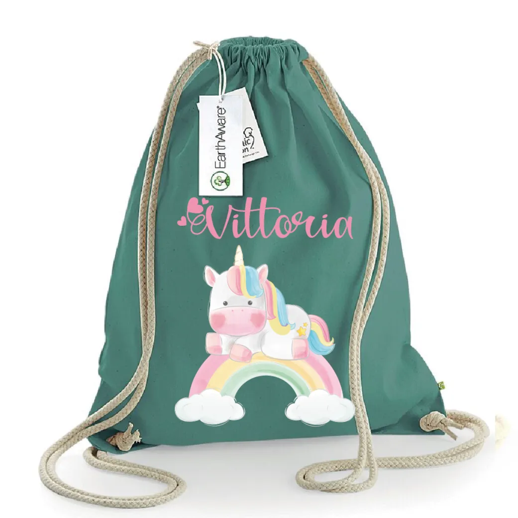 Zaino a sacca in cotone pesante Unicorno Arcobaleno